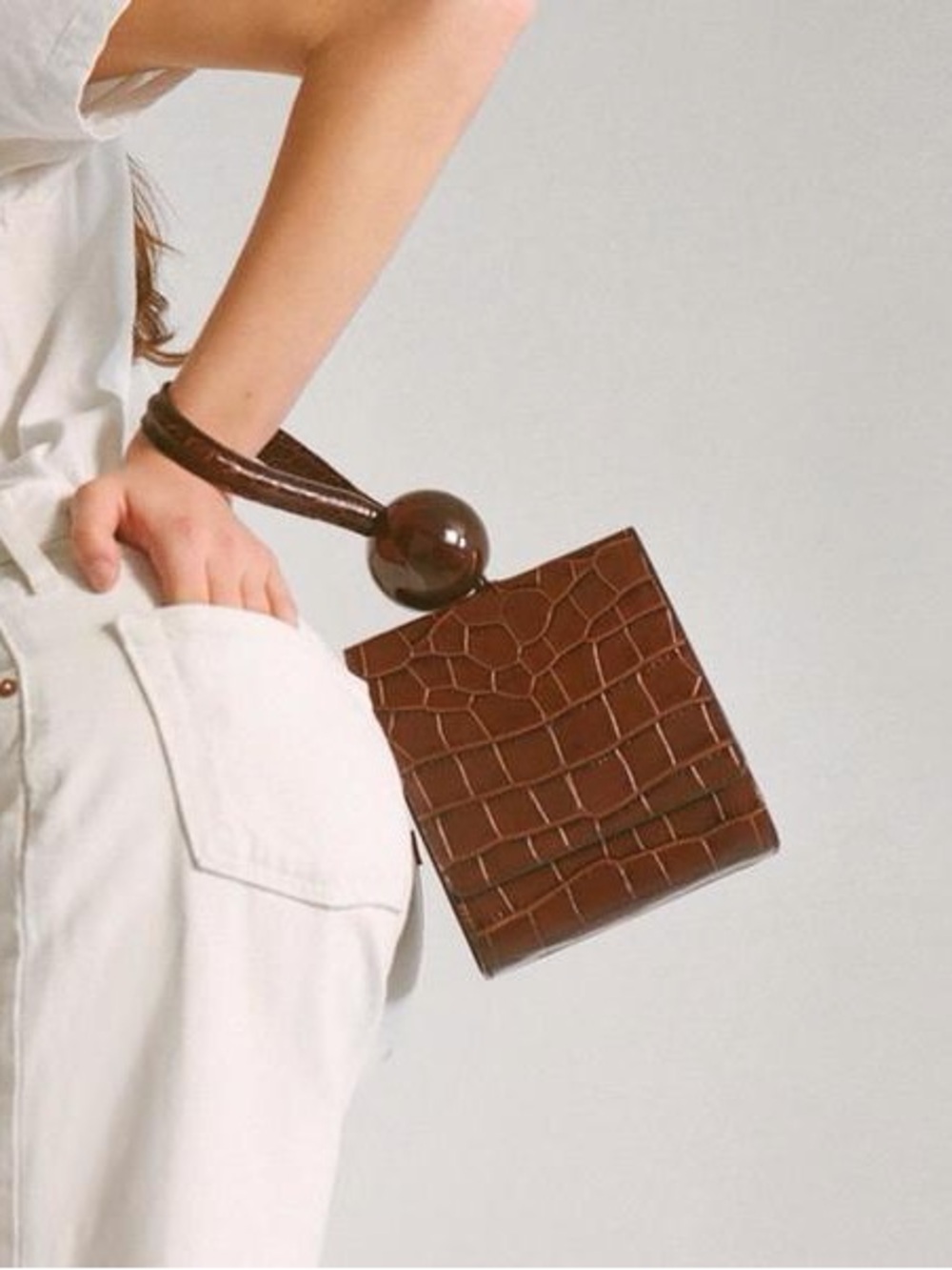 BY FAR Tan Croc-Embossed Wristlet with Deep Cherry Accent - Picture 9 of 10